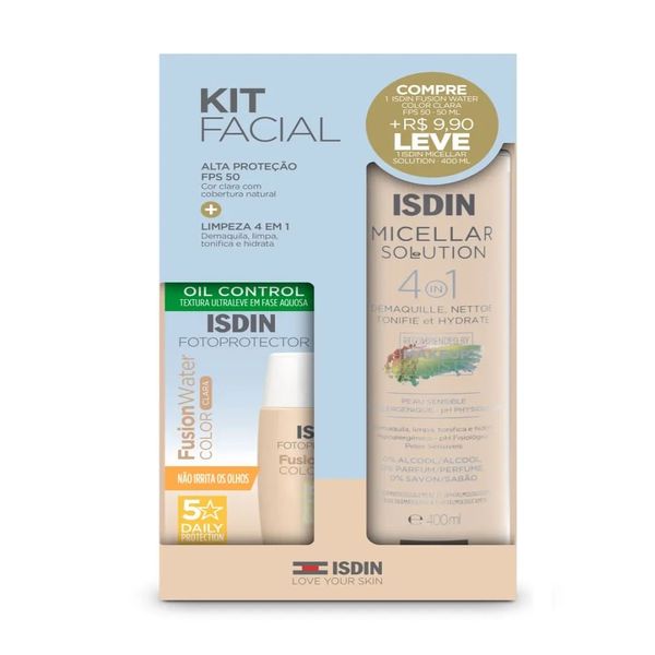 Kit Protetor Solar Isdin Fusion Water Color Clara FPS50 50ml + Isdin Solução Micelar 400ml KIT PROT SOLAR ISDIN FACIAL FUSION WATER FPS50 COR CLARA 50ML+MICELAR 400ML